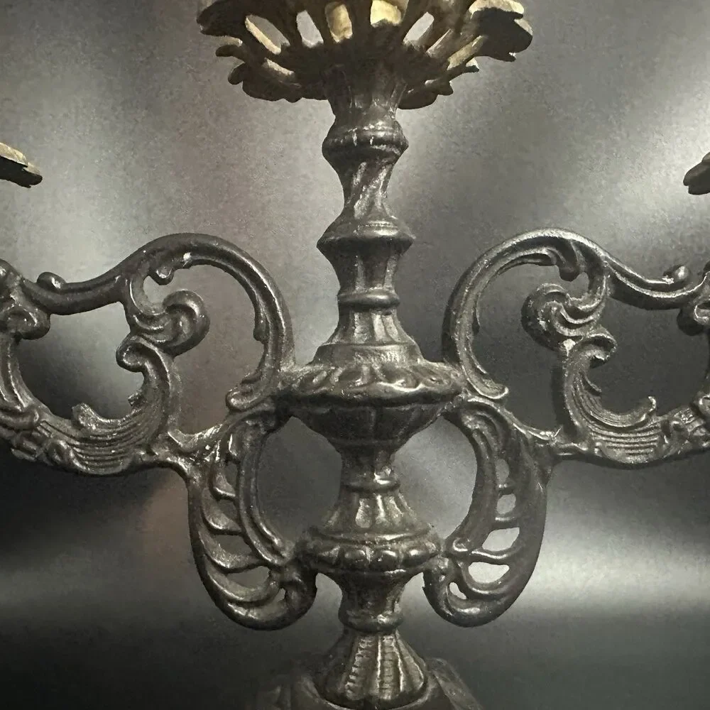 Vintage French Spelter 3 Arm Ornate Candelabra Gilt Brass Holder 8”